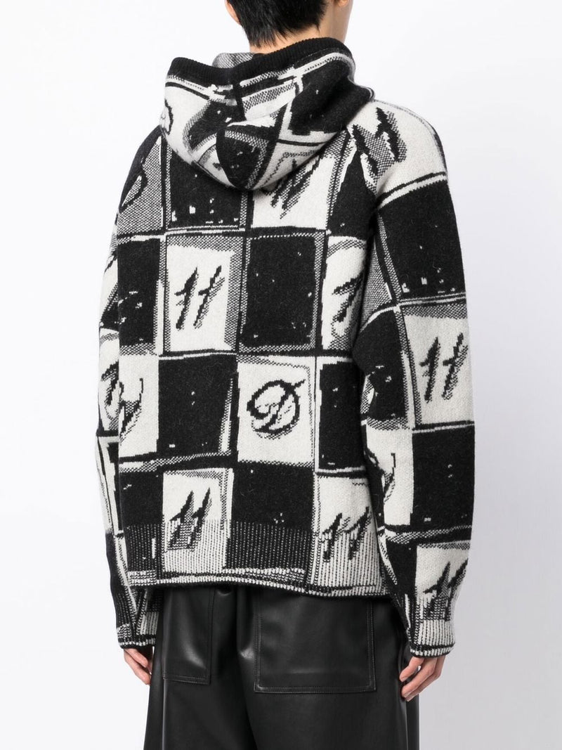 WE11DONE UNISEX CHESS BOARD GRAPHIC KNIT HOODIE