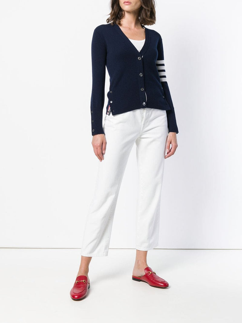 THOM BROWNE WOMEN CLASSIC V NECK CARDIGAN IN CASHMERE WITH WHITE 4 BAR SLEEVE STRIPE