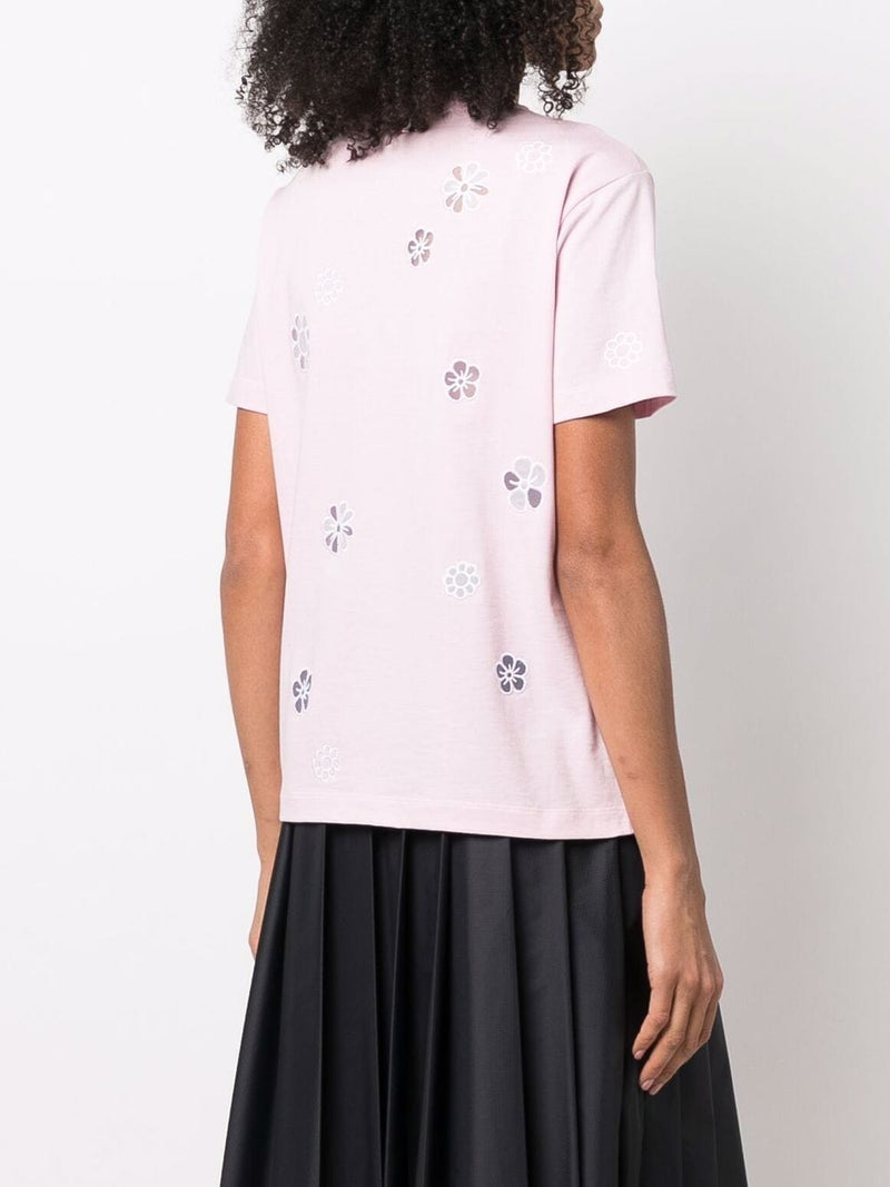 THOM BROWNE WOMEN SHORT SLEEVE TEE W/ MIXED TULLE & ORGANZA FLOWERS ON ORGANIC SOLID JERSEY