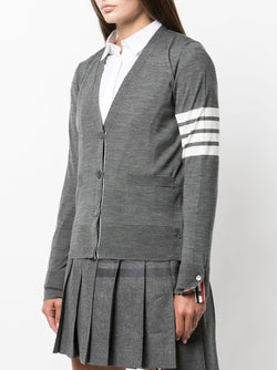 THOM BROWNE WOMEN RELAXED FIT V NECK CARDIGAN W/ 4 BAR IN FINE MERINO WOOL