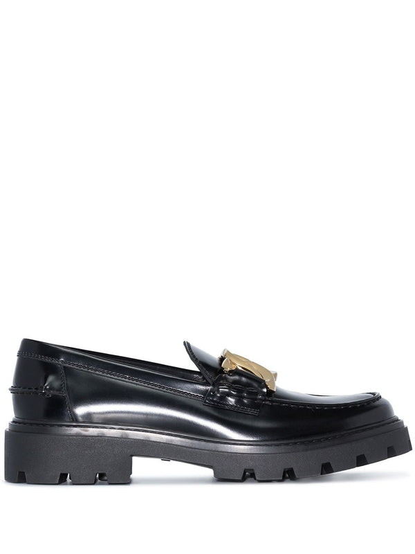 TOD'S WOMEN LEATHER CHAIN ROUND TOE LOGO LOAFERS - NOBLEMARS