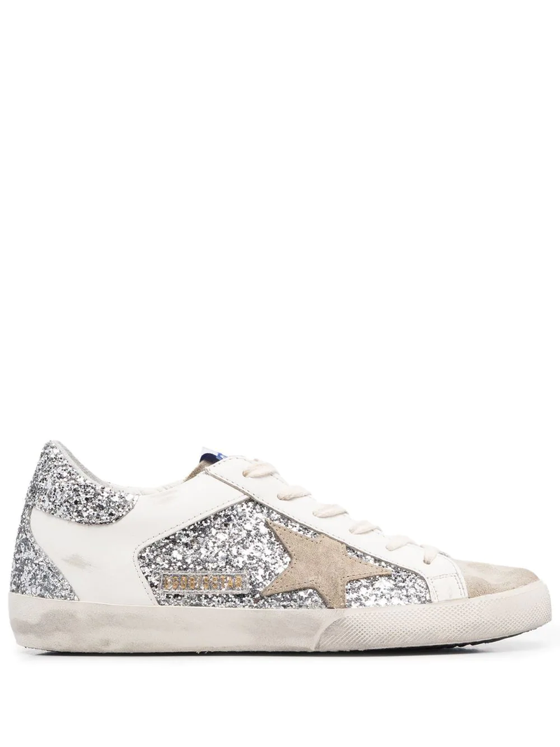 GOLDEN GOOSE WOMEN SUPER STAR GLITTER AND LEATHER UPPER SUEDE STAR LOW TOP SNEAKERS - NOBLEMARS