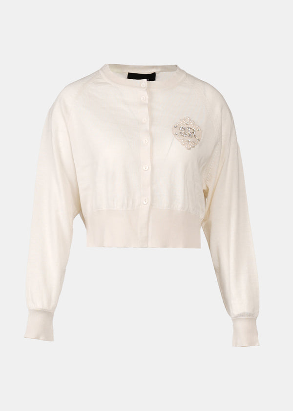 Simone Rocha LONG SLEEVE FITTED CROPPED CARDIGAN W/ EMBL PATCH - NOBLEMARS