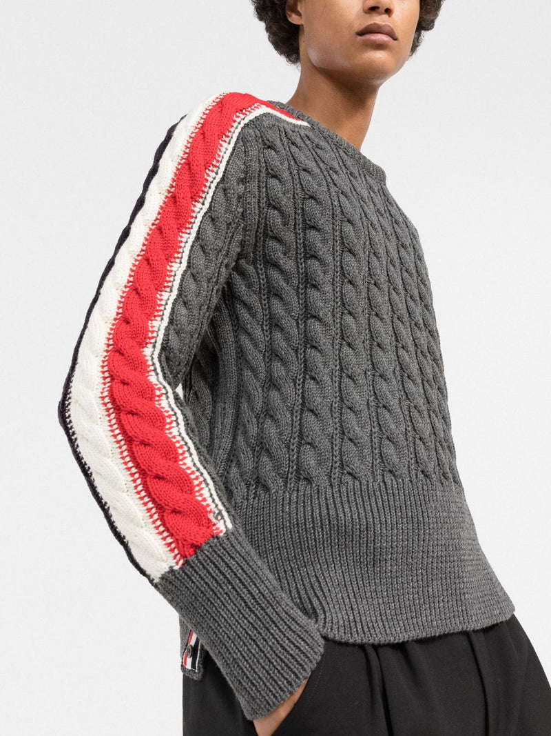 THOM BROWNE MEN CABLE STITCH PULLOVER W/ RWB SLEEVES IN SUSTAINABLE MERINO WOOL - NOBLEMARS