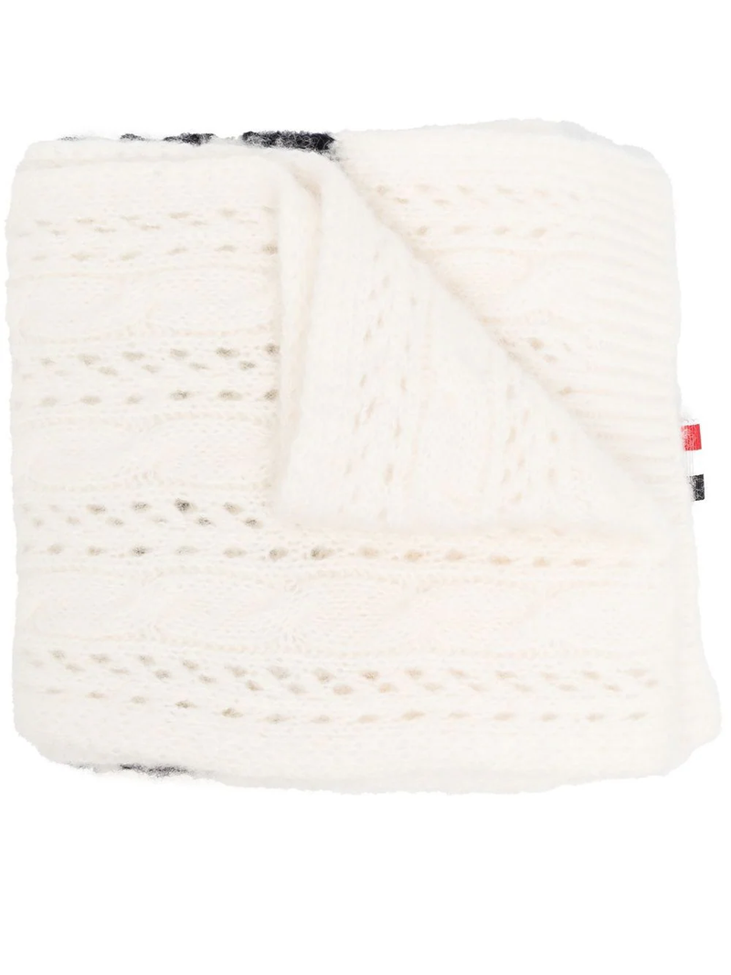 THOM BROWNE CABLE POINTELLE SCARF IN HAIRY SILK/CASHMERE/WOOL BLEND W/ 4 BAR STRIPE - NOBLEMARS