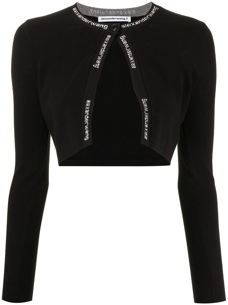 T BY ALEXANDER WANG CROPPED BODYCON CARDIGAN W/LOGO JACQUARD TRIMS - NOBLEMARS