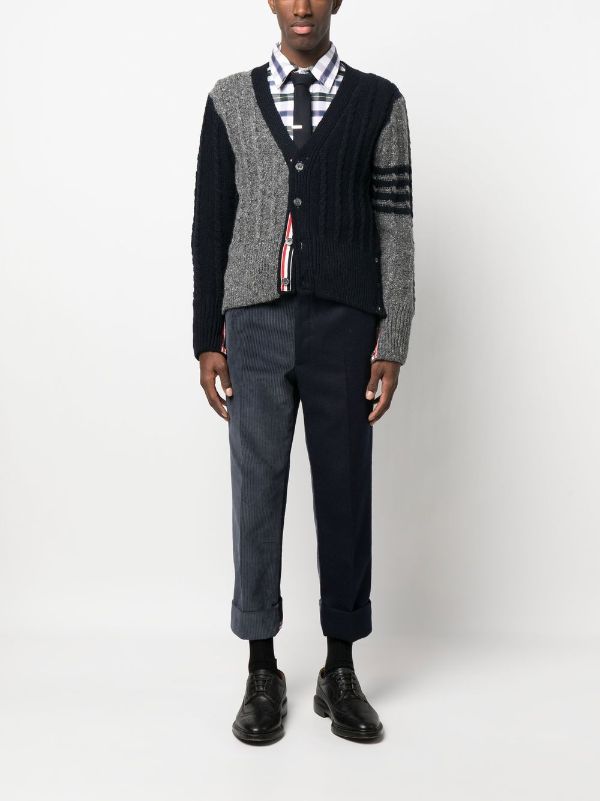 THOM BROWNE MEN FUN MIX BICOLOR TWIST CABLE CLASSIC V NECK