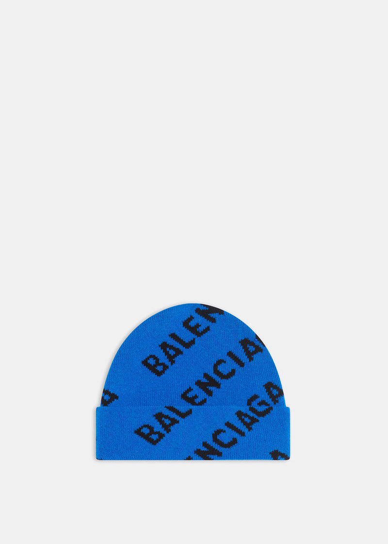 Balenciaga Blue Allover Logo Beanie - NOBLEMARS
