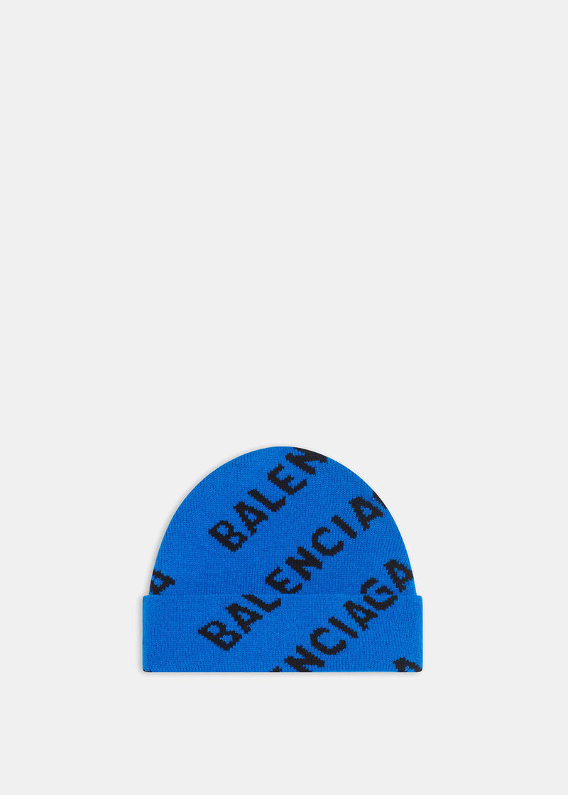 Balenciaga Blue Allover Logo Beanie - NOBLEMARS