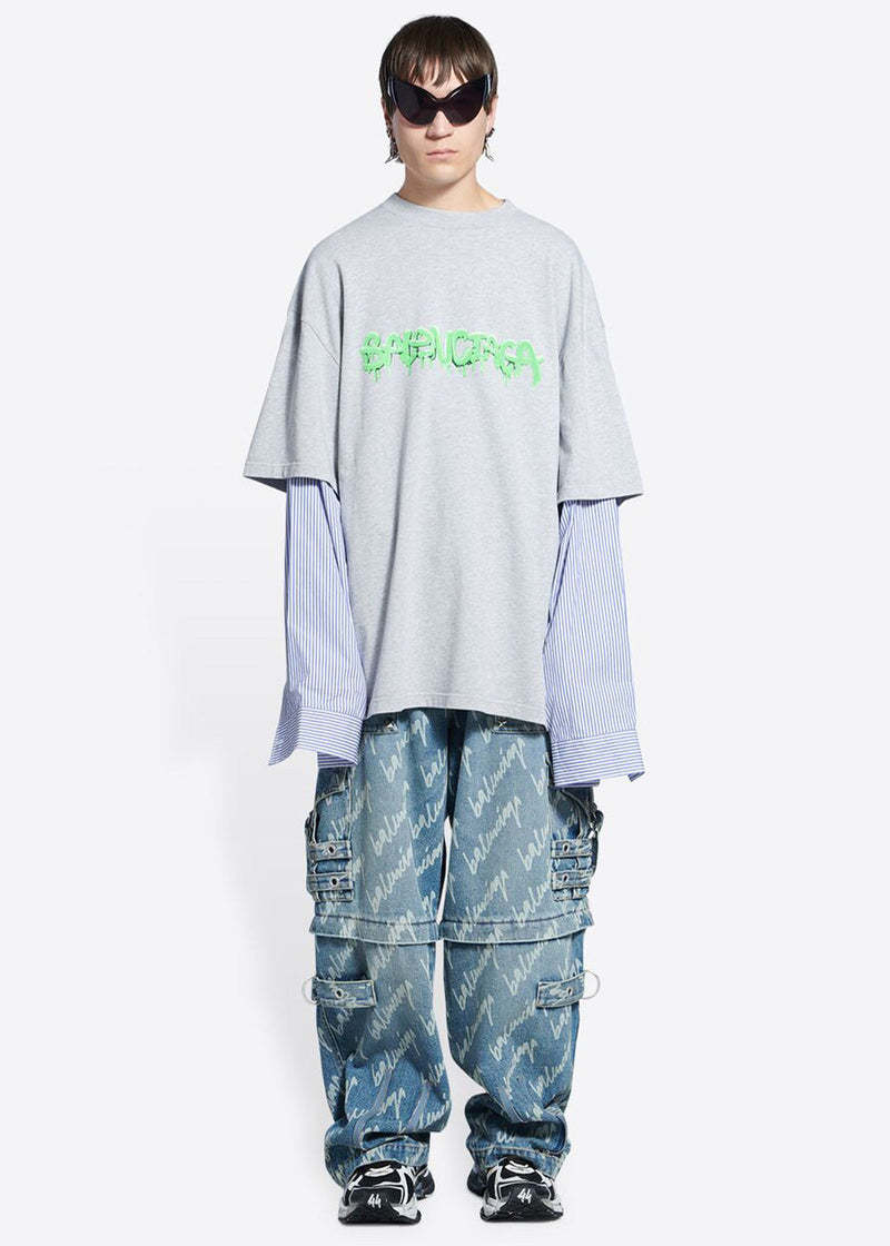 Balenciaga Heather Grey Slime Patched Sleeves T-Shirt - NOBLEMARS