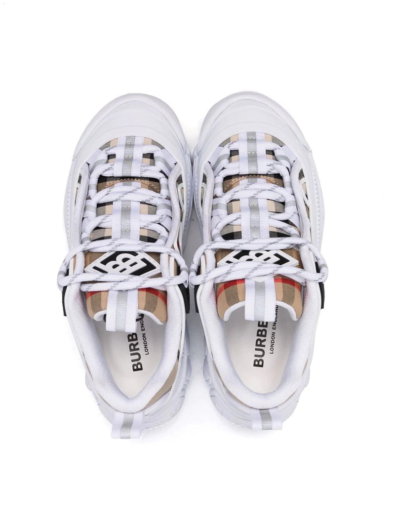 BURBERRY CHILDREN VINTAGE CHECK COTTON AND LEATHER SNEAKERS