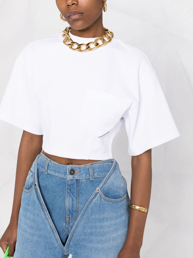 T BY ALEXANDER WANG WOMEN SCULPTED CROPPED T-SHIRT W/ CHEST POCKET - NOBLEMARS