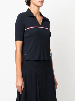 THOM BROWNE WOMEN RIBBED STRIP FRONT POLO SS SHIRT - NOBLEMARS