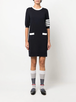 THOM BROWNE Women Hector Outline With Pointelle Intarsia Short Sleeve Mini Dress In Cotton W/ 4 Bar Stripe - NOBLEMARS