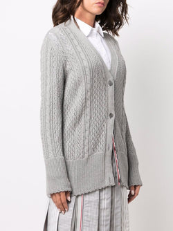 THOM BROWNE WOMEN V-NECK CARDIGAN W/ CONTRAST TIPPING & POINTELLE 4 BAR IN JERSEY STITCH COTTON - NOBLEMARS