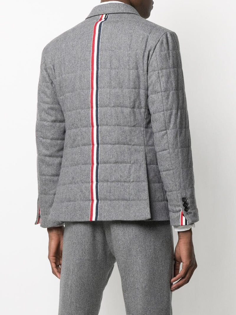 THOM BROWNE MEN CENTER BACK RWB STRIPE PLACEMENT DOWNFILL SPORTCOAT IN LIGHT WEIGHT ENGINEERED RWB BOILED WOOL - NOBLEMARS