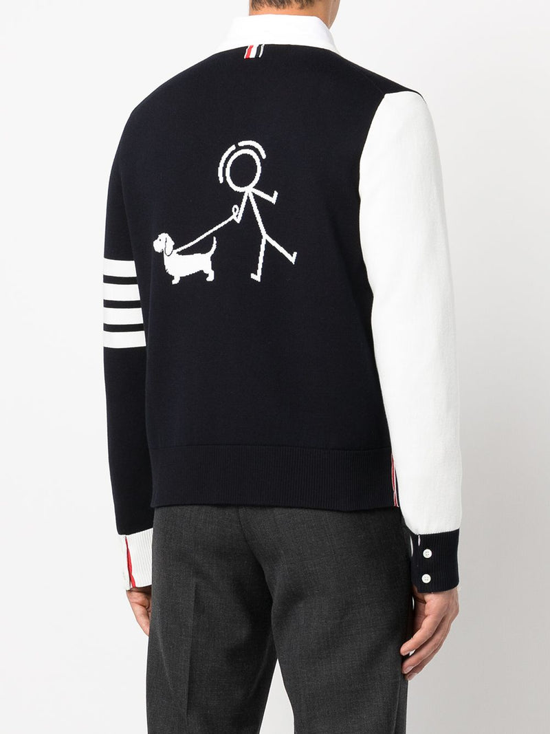 THOM BROWNE MEN CARDIGAN W/ 4BAR & HECTOR/MR THOM AT BACK IN FUNMIX COTTON