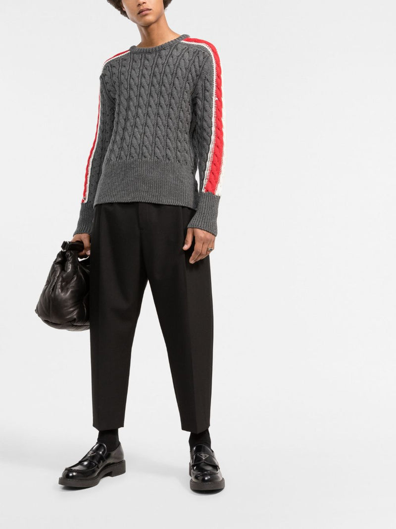 THOM BROWNE MEN CABLE STITCH PULLOVER W/ RWB SLEEVES IN SUSTAINABLE MERINO WOOL - NOBLEMARS