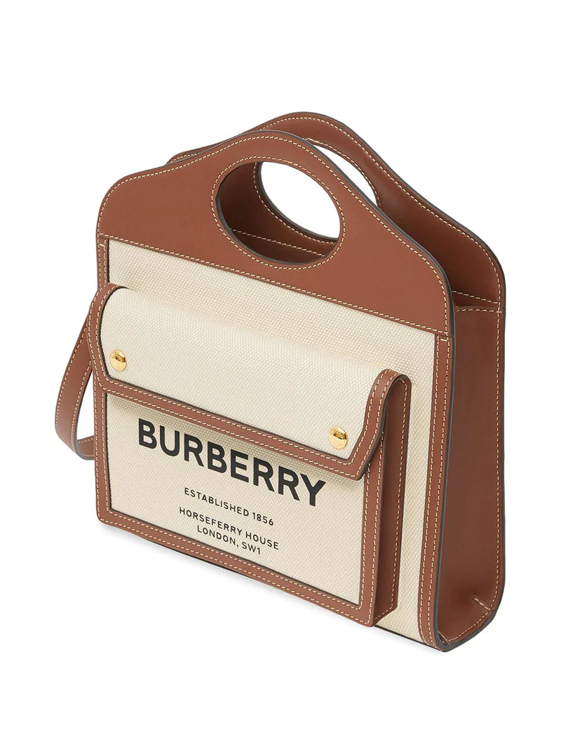 BURBERRY WOMEN MINI TWO-TONE CANVAS AND LEATHER POCKET BAG
