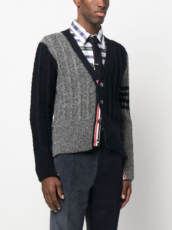 THOM BROWNE MEN FUN MIX BICOLOR TWIST CABLE CLASSIC V NECK CARDIGAN IN  DONEGAL W/ 4 BAR STRIPE - Noblemars