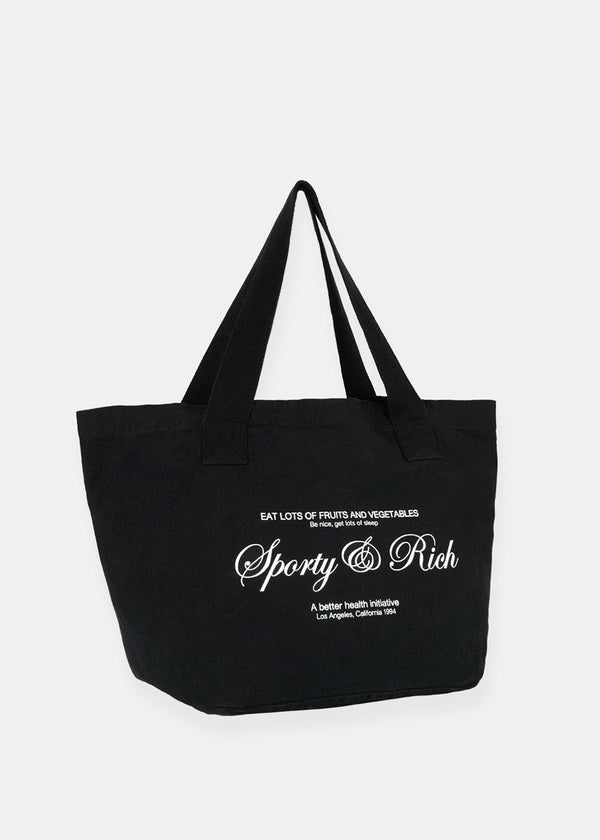 Sporty & Rich Black Script Logo Tote Bag - NOBLEMARS