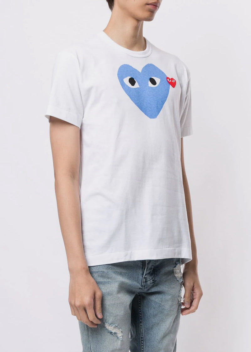 COMME DES GARCONS PLAY White & Blue Hearts T-Shirt