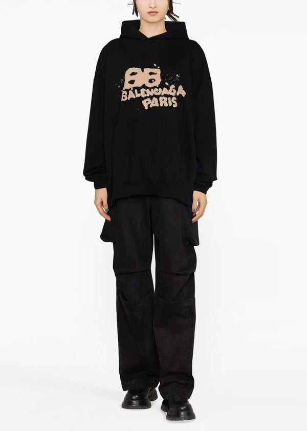 Balenciaga Black Large Fit Logo-Print Hoodie - NOBLEMARS