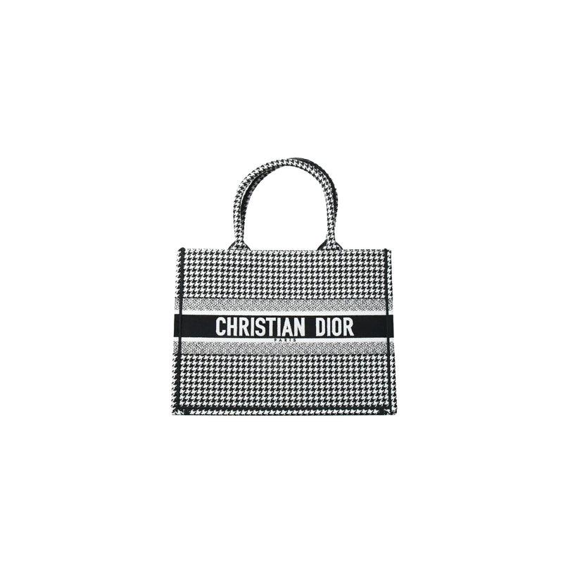 Dior Houndstooth Embroidery Small Book Tote Black and White - NOBLEMARS