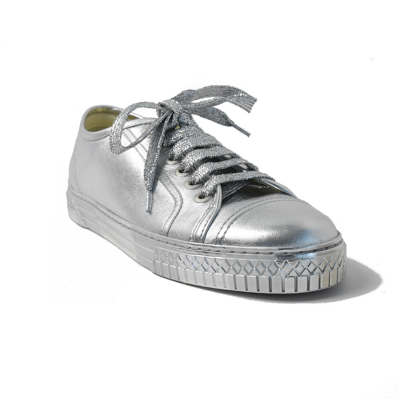 CHANEL, Shoes, Chanel Laminated Lambskin Sneakers Silver