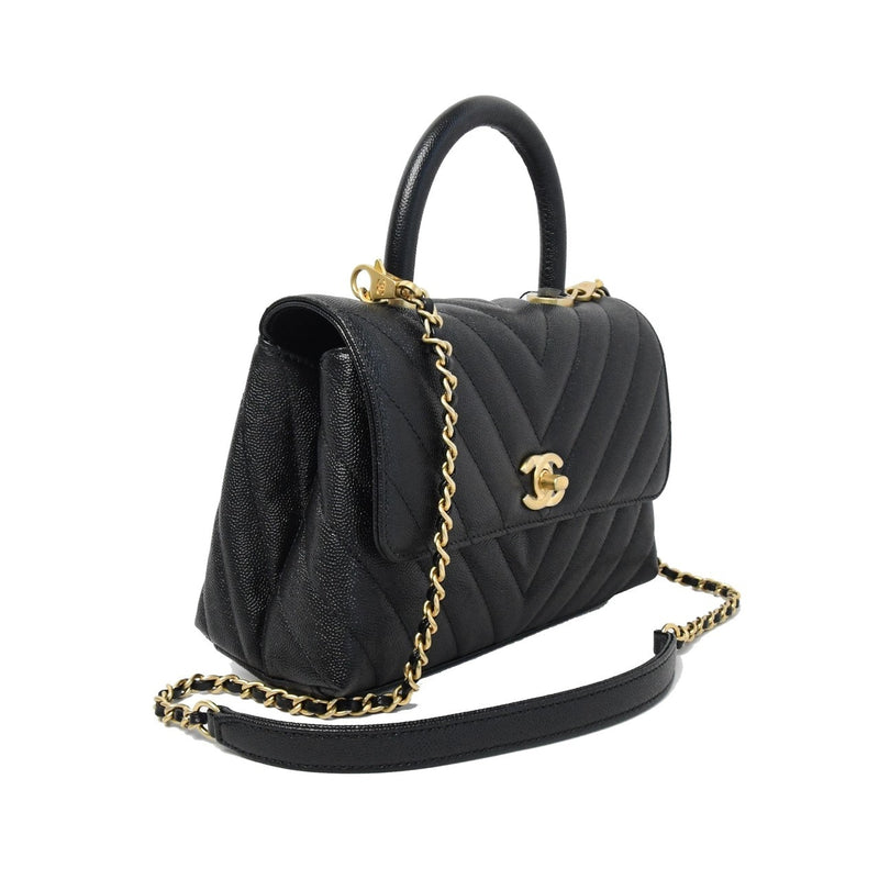 Chanel Chevron Mini Coco Handle Caviar Leather Bag Black - NOBLEMARS