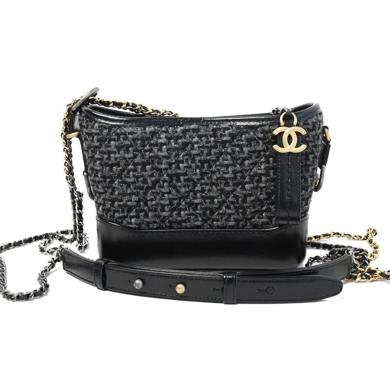 Chanel Small Tweed Gabrielle, Black Grey Toned Tweed, Silver Gold  Hardware
