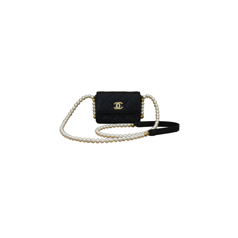Chanel Flap Card Holder with Pearl Chain Black - NOBLEMARS