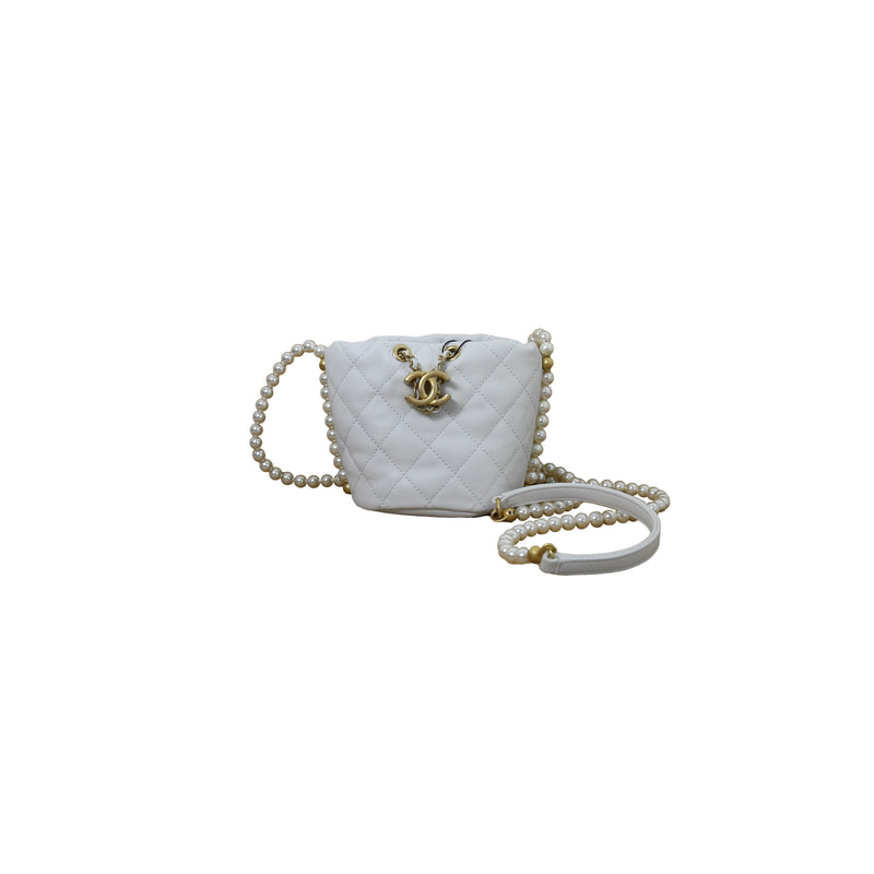 Vintage Chanel Purse White With Leather Drawstring Gold 