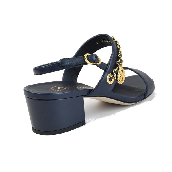Chanel Block Heel Lambskin Strap Sandals Navy - NOBLEMARS