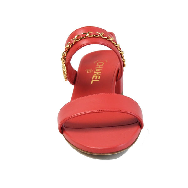 Chanel Block Heel Lambskin Strap Sandals Red - NOBLEMARS