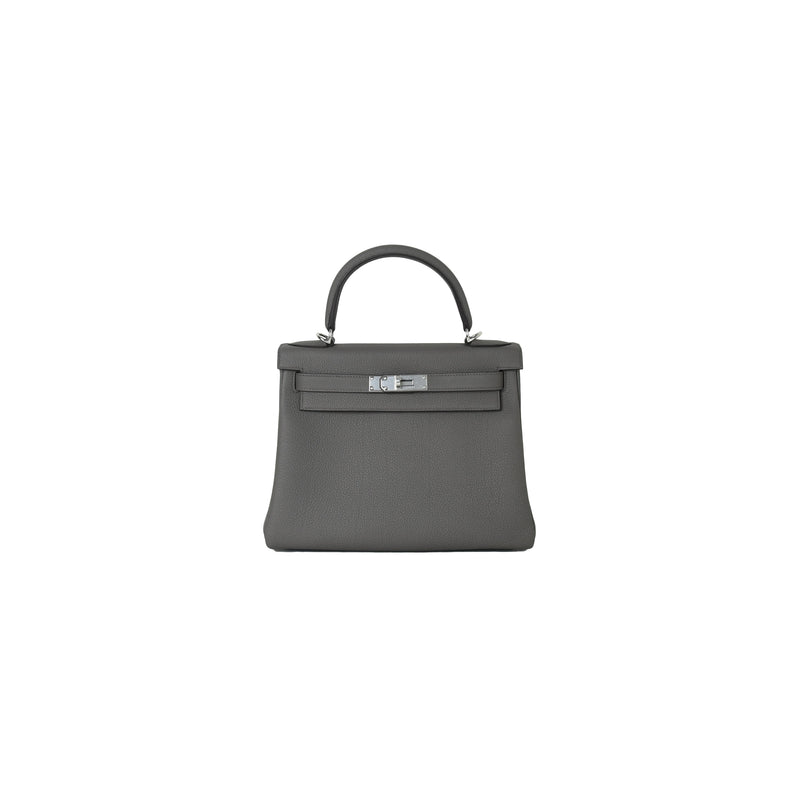 HERMÈS, GRIS ASPHALT AND ETAIN TOGO KELLY SPECIAL ORDER 28 WITH BRUSHED  SILVER HARDWARE, Luxury Handbags, 2020