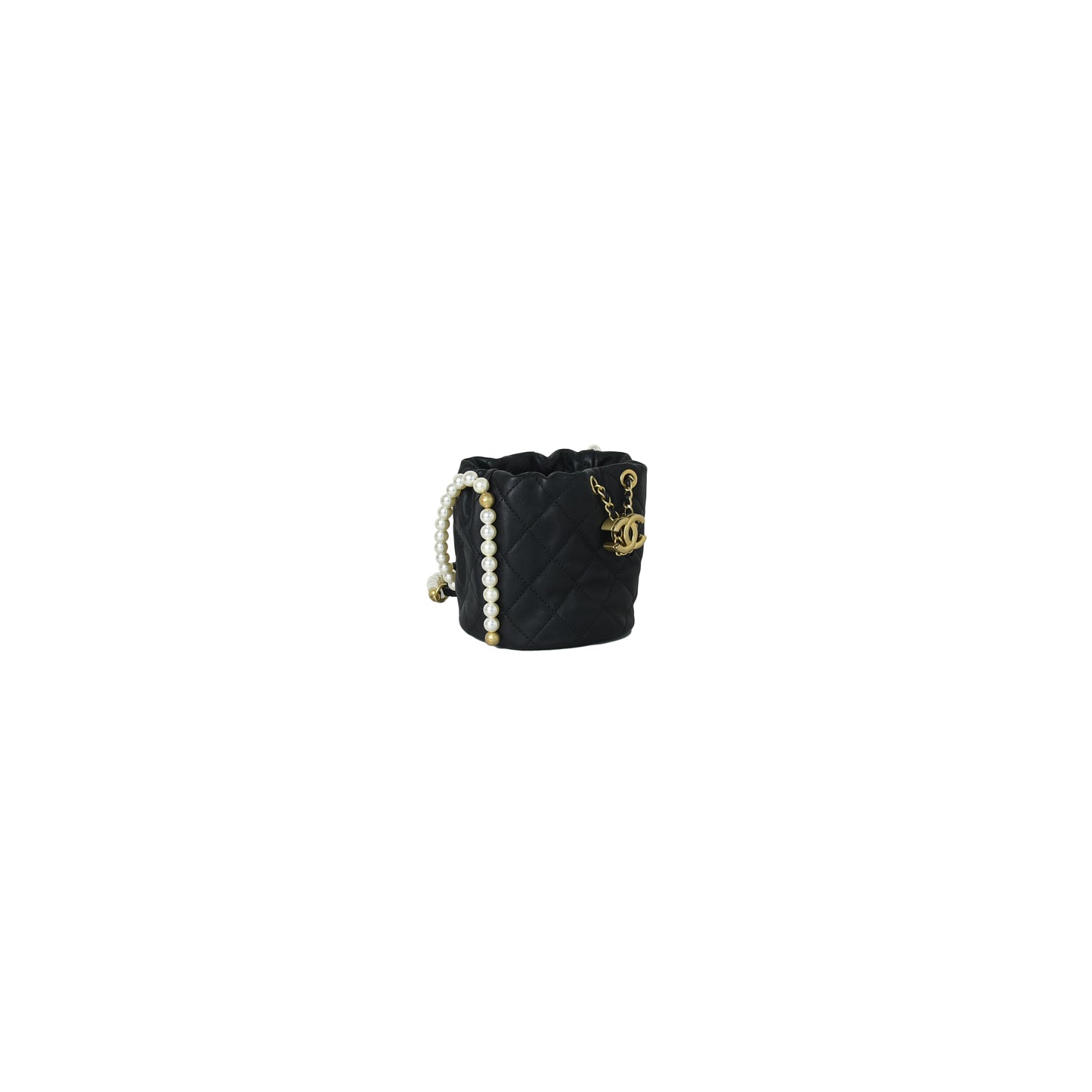 Chanel Mini Drawstring Bag Calfskin Pearl with Gold Metal Black - NOBLEMARS