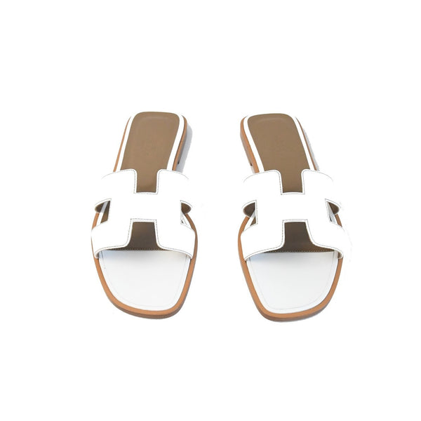 Hermes Calf Leather Oran H Sandals White - NOBLEMARS