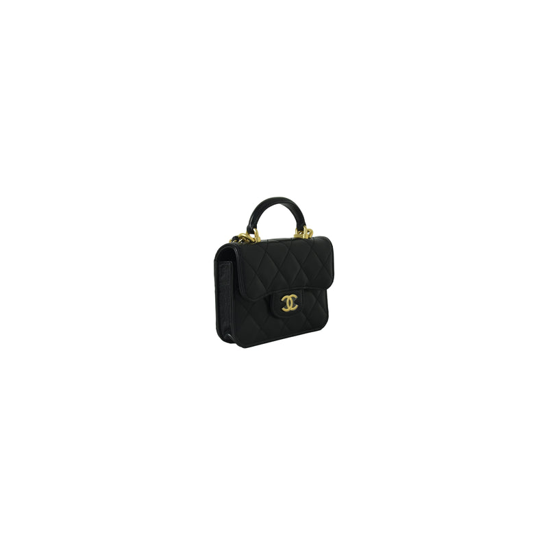 Flap bag with top handle, Lambskin & gold-tone metal, black — Fashion |  CHANEL
