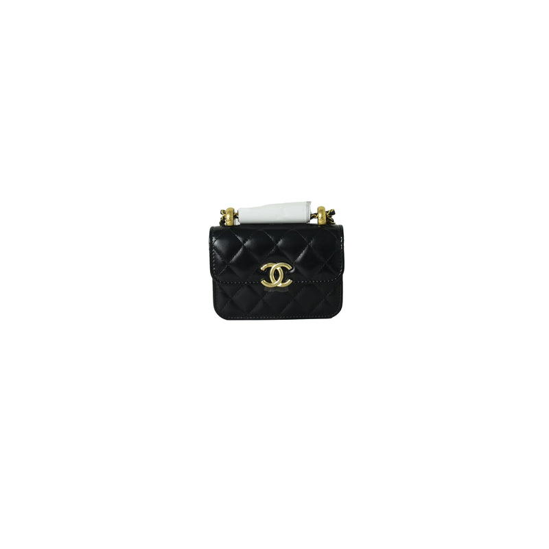 Flap Coin Purse with Chain, lambskin & gold-tone metal, black