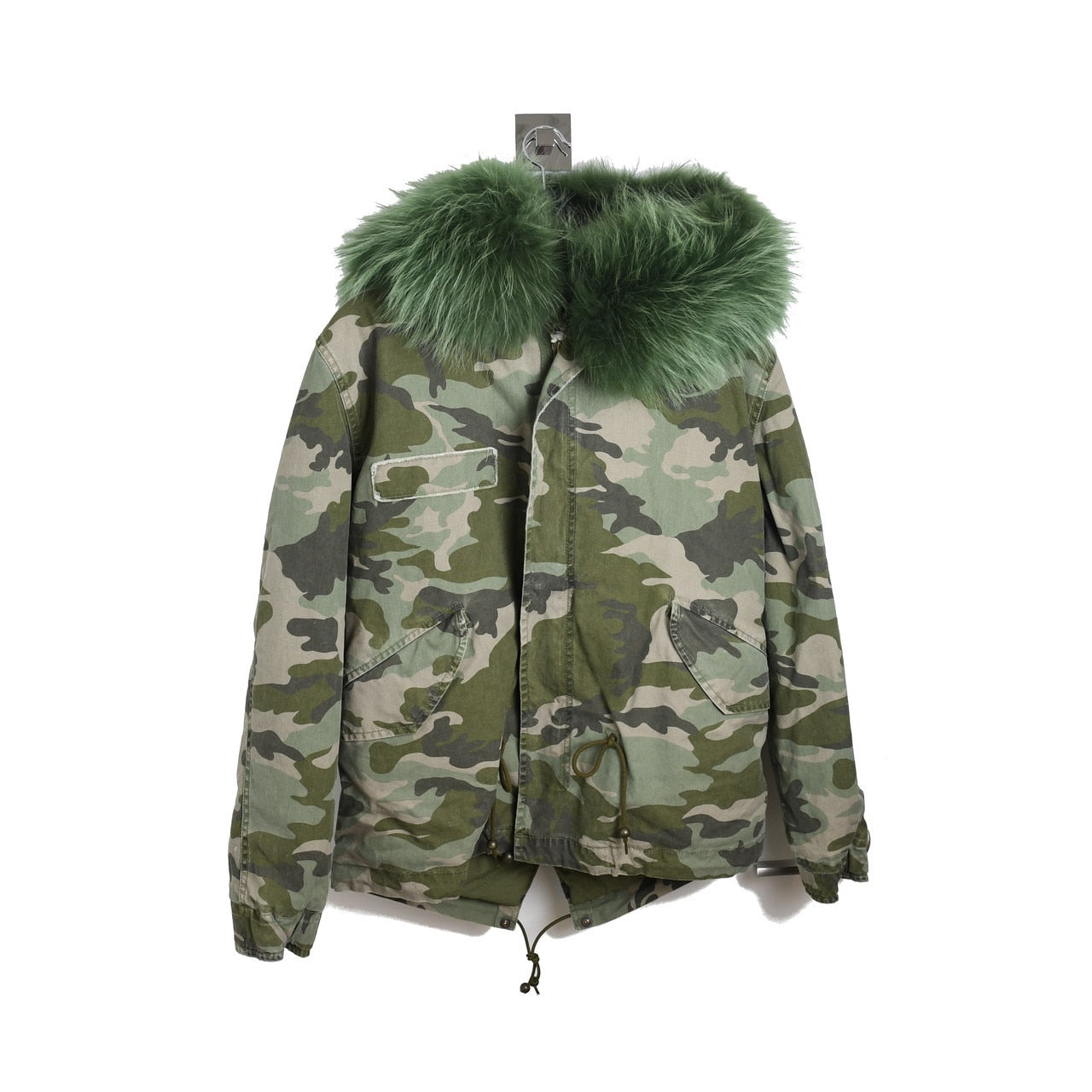 Mr & Mrs Army Camouflage Print Fur Hooded Jacket Green - NOBLEMARS