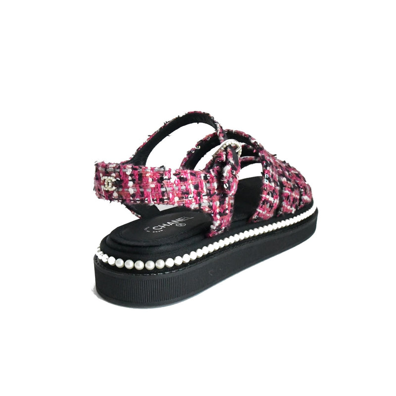 Chanel Tweed/Grosgrain Pink Black Sandals - NOBLEMARS