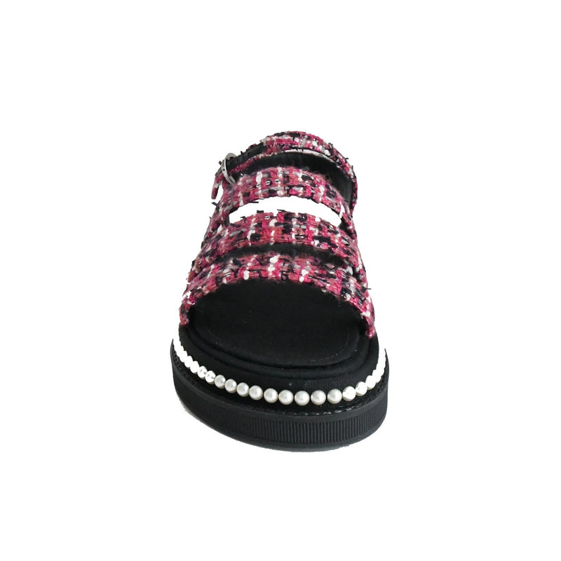 Chanel Tweed/Grosgrain Pink Black Sandals - NOBLEMARS