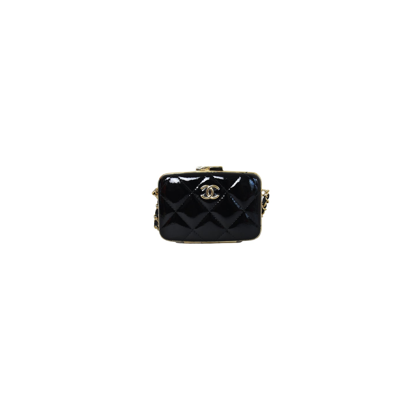 Chanel Small Box with Chain Patent Leather Clutch Black