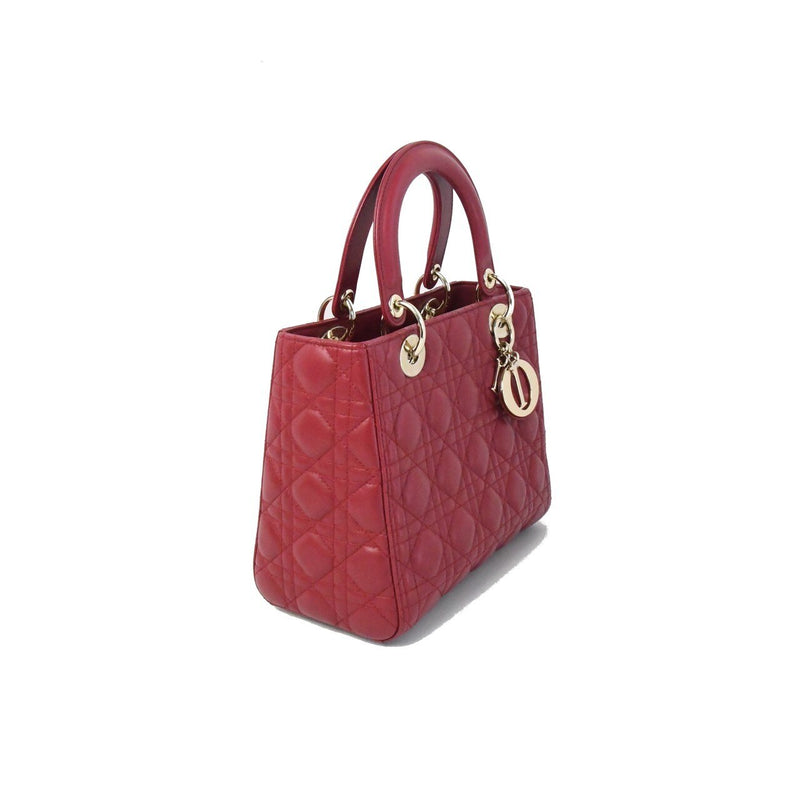 Dior Ladydior Leather Handbag Rose Gold Hardware Red - NOBLEMARS