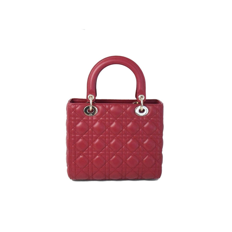 Dior Ladydior Leather Handbag Rose Gold Hardware Red - NOBLEMARS