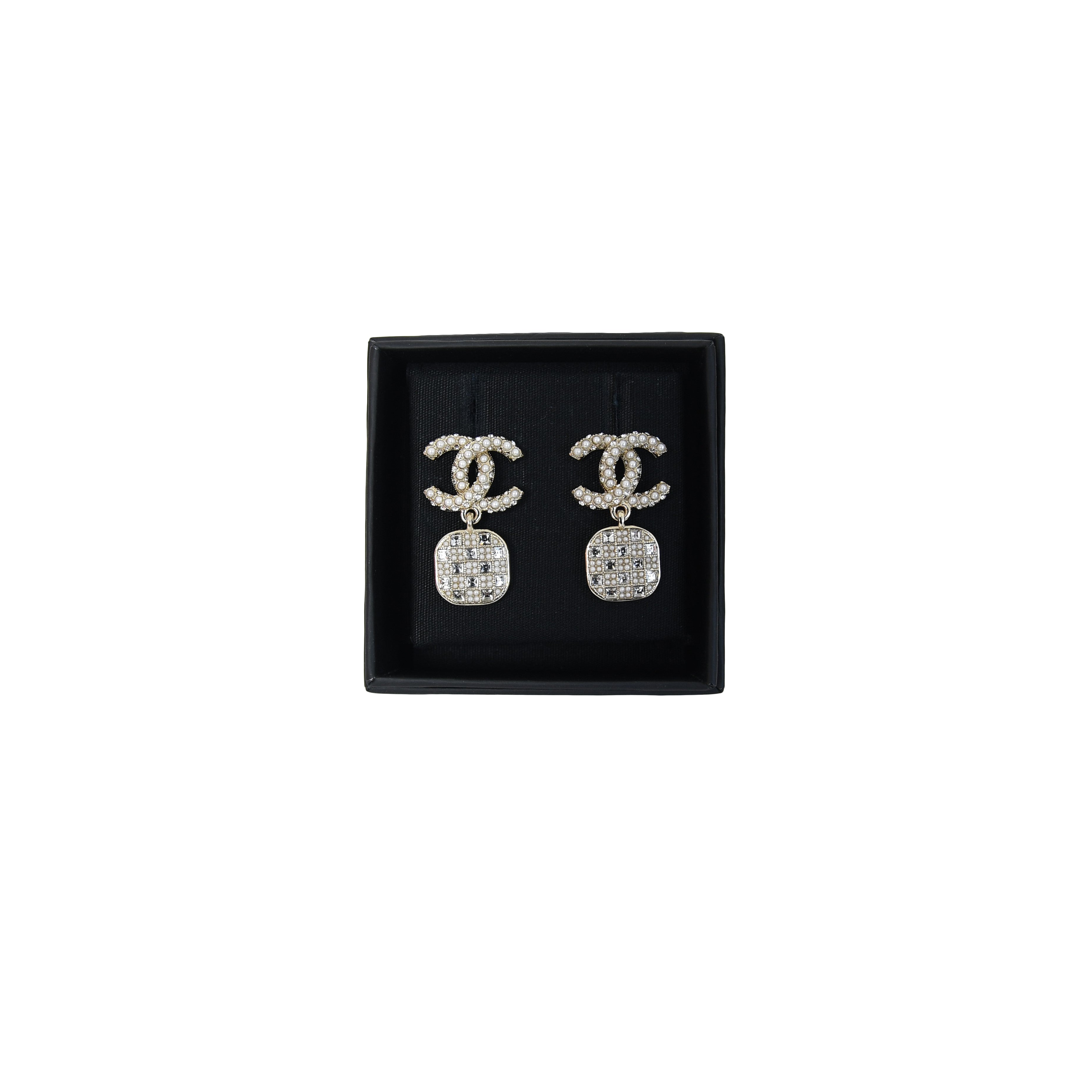Chanel Pearl CC Logo Stud Checker Drop Earrings - NOBLEMARS