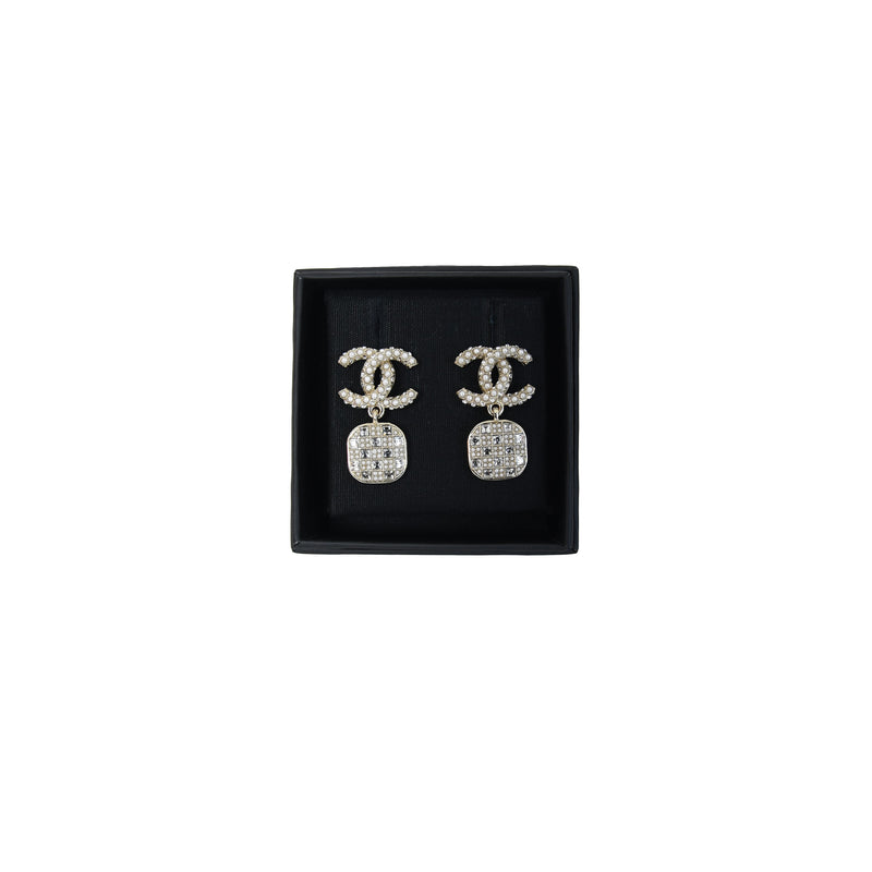 Chanel Pearl CC Logo Stud Checker Drop Earrings
