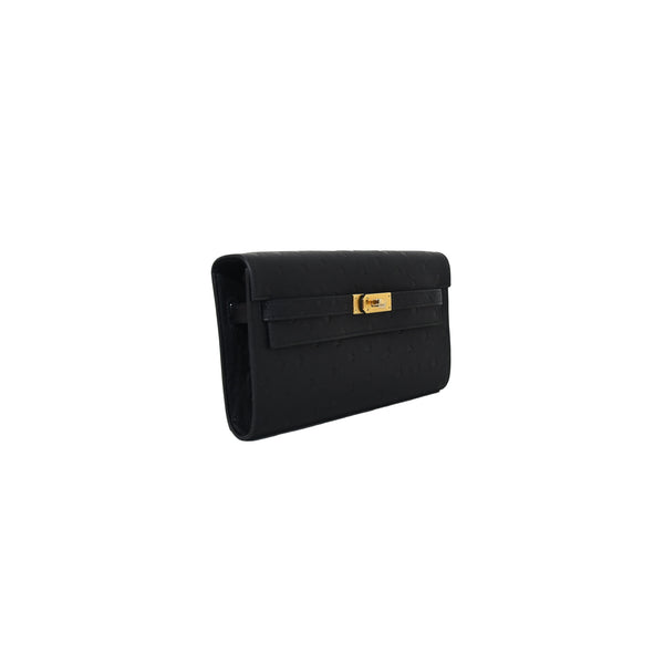 Hermes Kelly To-Go Wallet Ostrich Gold Hardware Black