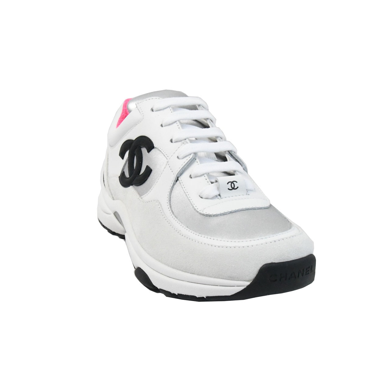 CHANEL Grained Calfskin Fabric Womens Logo Sneakers 40.5 White